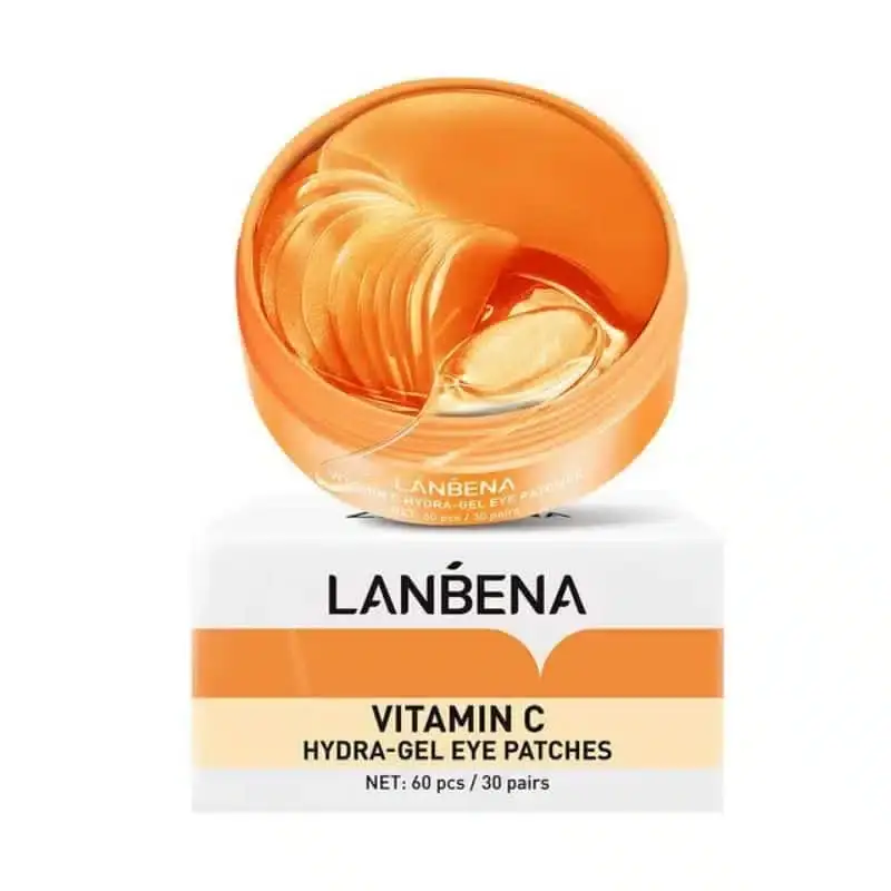 Lanbena Vitamin C Eye Patches in a bright yellow jar with a spatula on top. - thumbnail