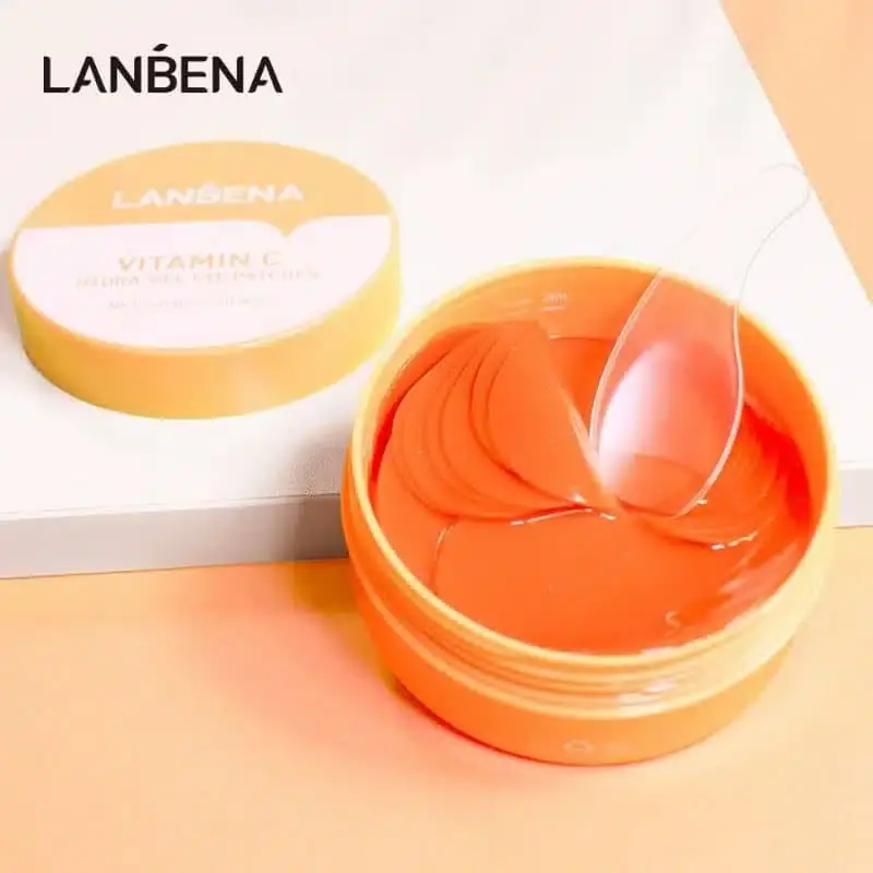 Open Lanbena Vitamin C Eye Patches jar revealing golden patches and serum inside. - thumbnail
