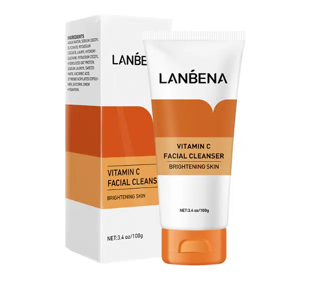 Lanbena Vitamin C Face Wash in a white and orange squeeze tube, prominently displayed upright.