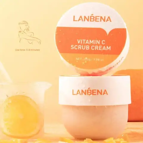 Lanbena Vitamin C Scrub 280gm jar, showing its bright yellow-orange packaging and front label.