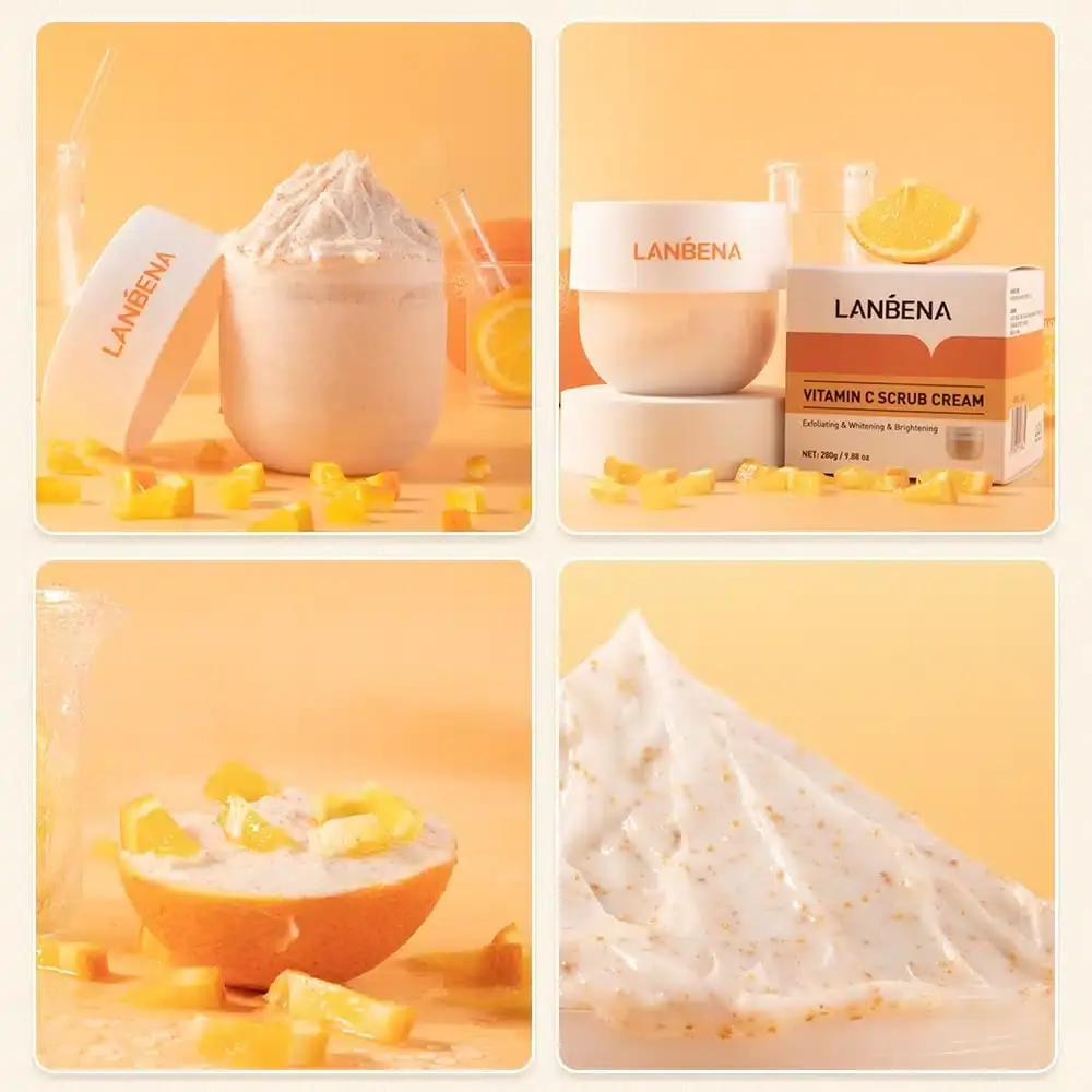Open Lanbena Vitamin C Scrub jar revealing its grainy, light orange texture and included spatula. - thumbnail