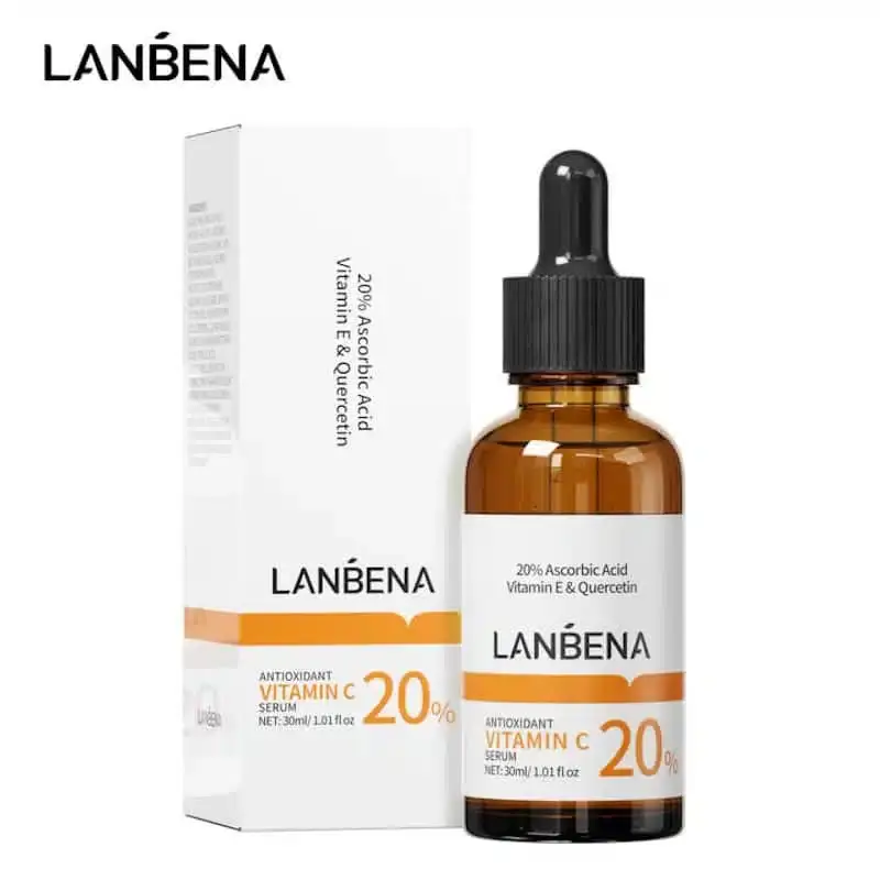Lanbena Vitamin C Serum 30ml bottle with dropper cap next to its orange and white product box. - thumbnail