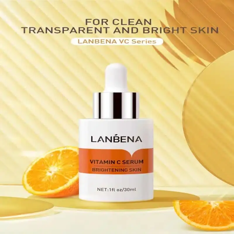 Lanbena Vitamin C Serum 30ml amber bottle tilted, with dropper revealing clear liquid serum. - thumbnail