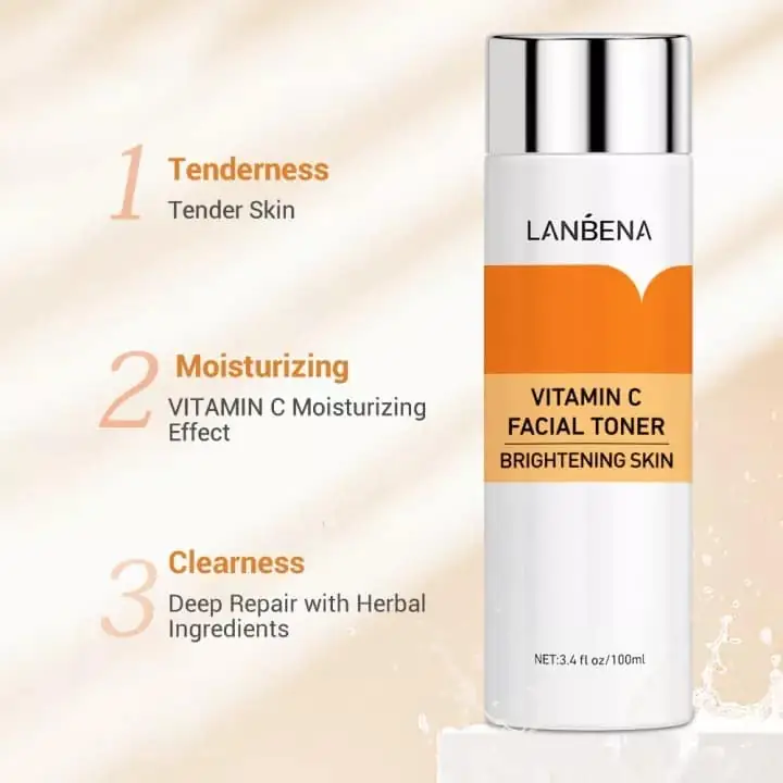 All five Lanbena Vitamin C skincare products, orange and white packaging, scattered on white. - thumbnail