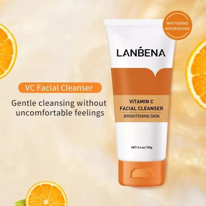 Close-up of Lanbena Vitamin C Toner bottle, clear packaging revealing the orange liquid. - thumbnail