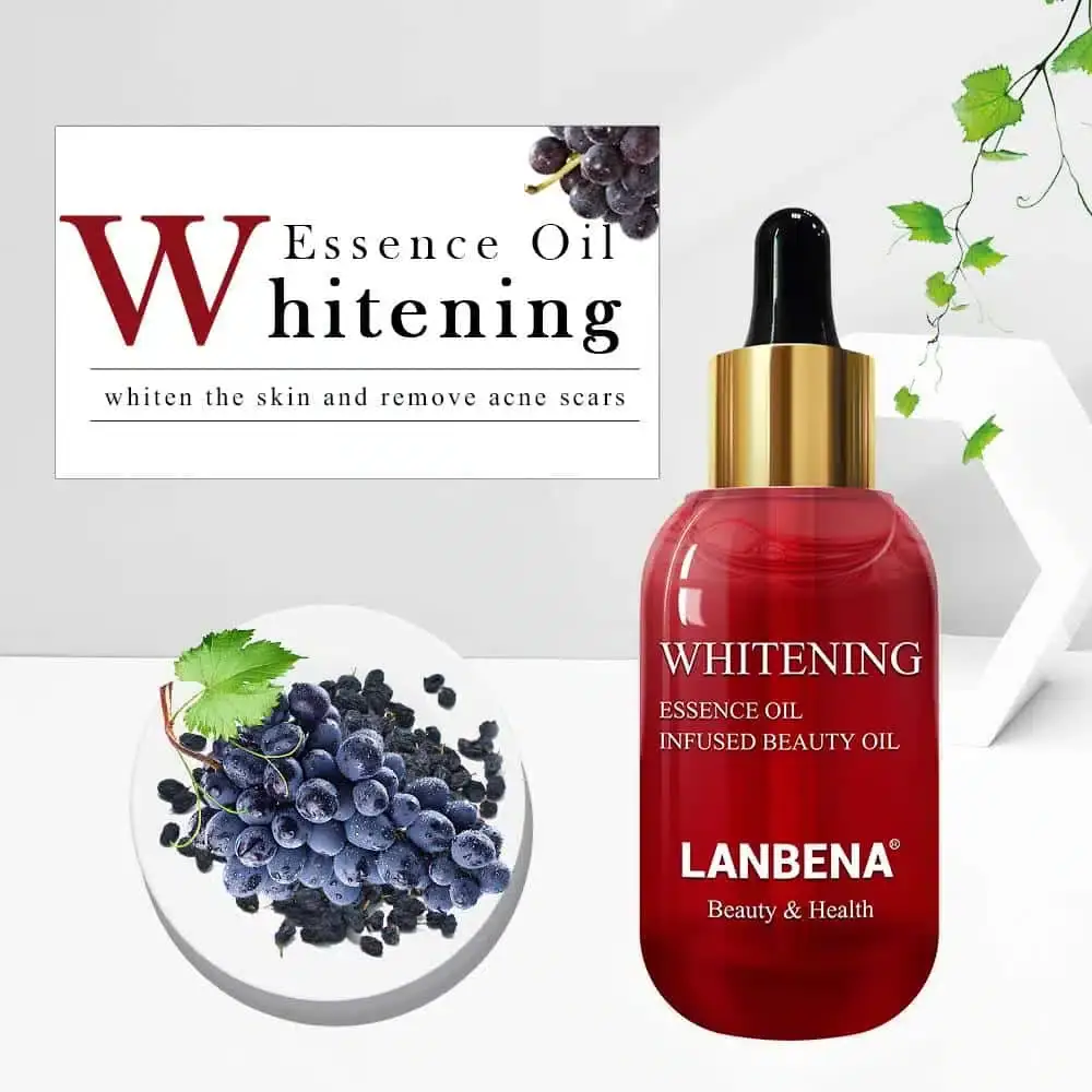 Angled close-up of Lanbena Whitening Essence Oil clear dropper bottle with golden cap. - thumbnail