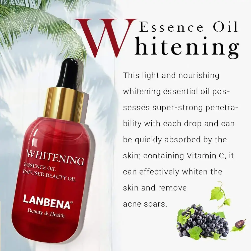 Rear view of the Lanbena Whitening Essence Oil box displaying product information and ingredients. - thumbnail