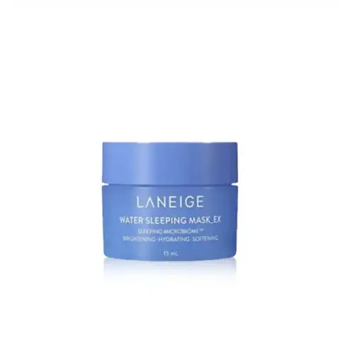 Laneige Water Sleeping Mask 15ml blue jar with translucent lid, showing brand and product name.