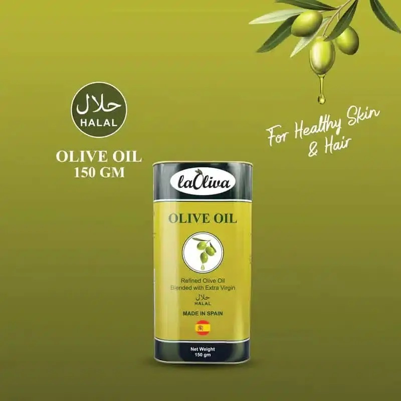 Angled view of the Laoliva green olive oil tin, 150ml, showcasing its gold cap. - thumbnail
