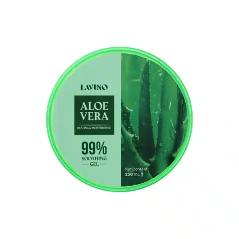 Lavino Aloe Vera Soothing Gel 99% in an upright, clear 250ml tub with a green cap.
