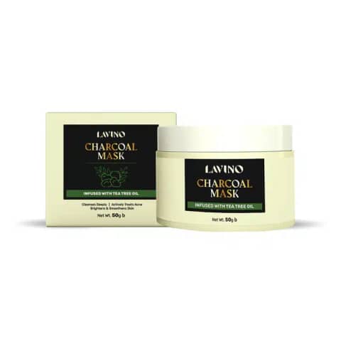 Lavino Charcoal Mask 50gm tube, infused with tea tree oil, standing upright on a white background.