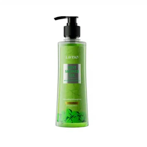 Transparent Lavino Mint Shower Gel 330ml bottle, featuring fresh mint green liquid and white pump.