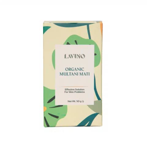 Lavino Organic Multani Mati 50gm pouch with fine, light brown fuller's earth clay visible inside.