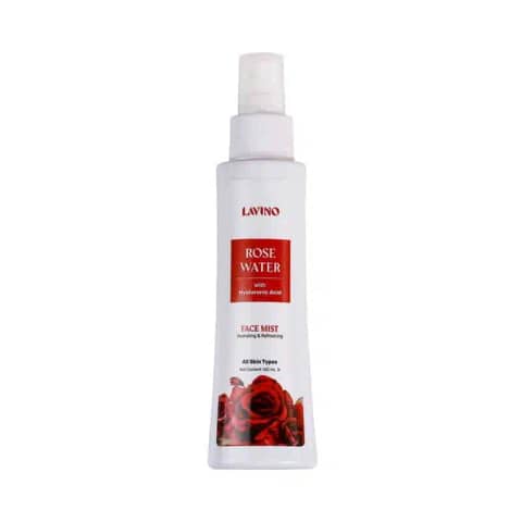 Lavino Rose Water Hyaluronic Acid Face Mist 125ml bottle, clear, with pink label, front view.
