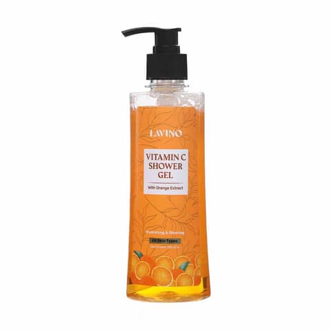 Lavino Vitamin C Shower Gel bottle, bright orange liquid, white pump, with fresh orange slices.