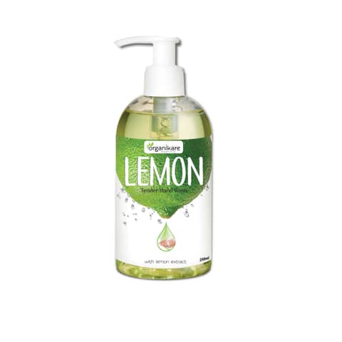 Organikare Lemon Hand Wash in white pump bottle, featuring a bright yellow citrus label.