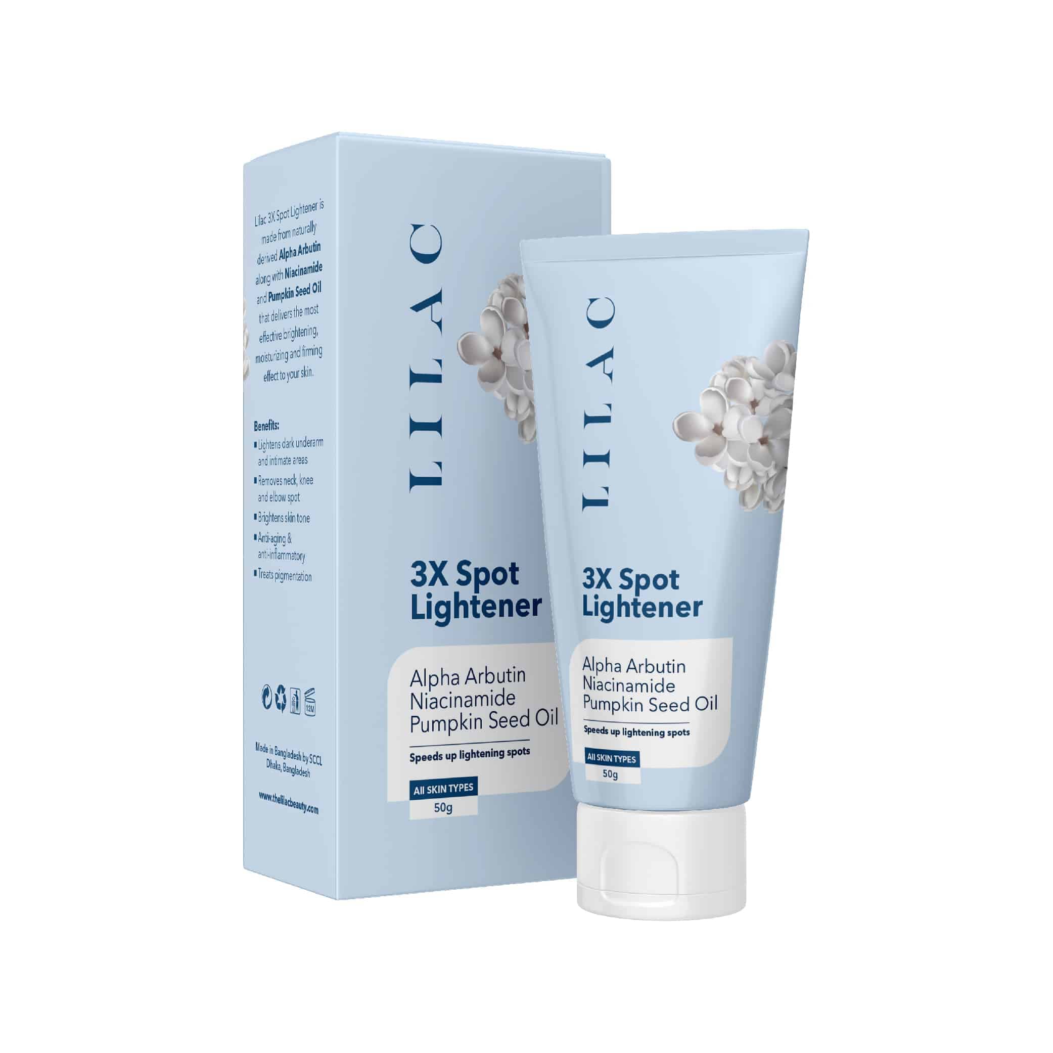 LILAC 3X Spot Lightener Cream 50g jar with vibrant purple lid and white body, front-facing. - thumbnail