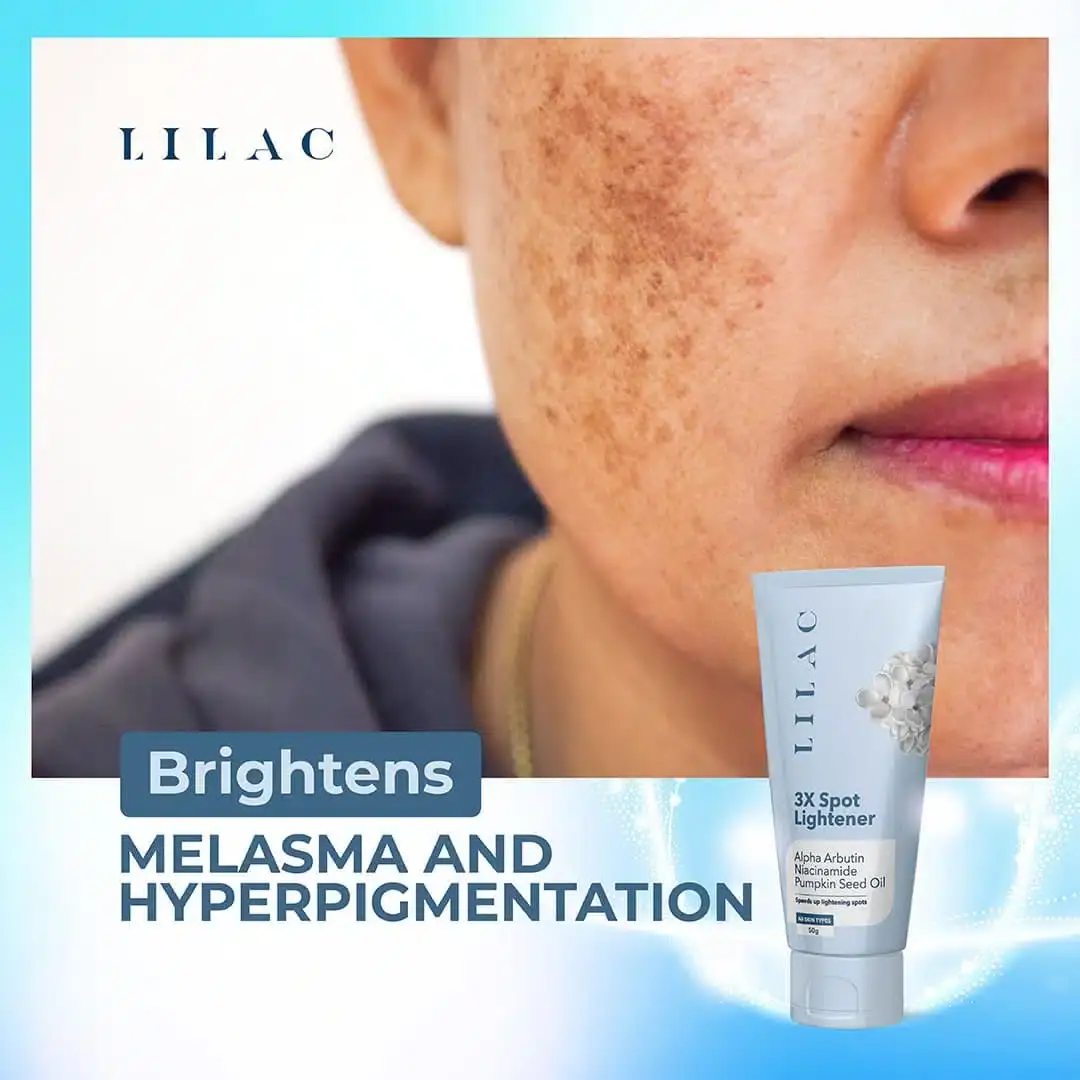 Close-up of the LILAC 3X Spot Lightener Cream 50g jar's detailed white front label. - thumbnail