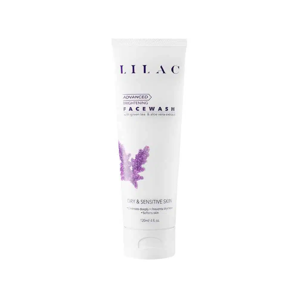 LILAC Advanced Brightening Face Wash in a purple and white 120ml tube, front-facing. - thumbnail