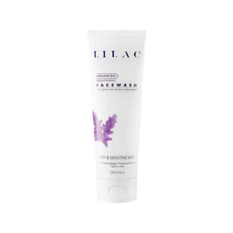 LILAC Advanced Brightening Face Wash in a purple and white 120ml tube, front-facing.