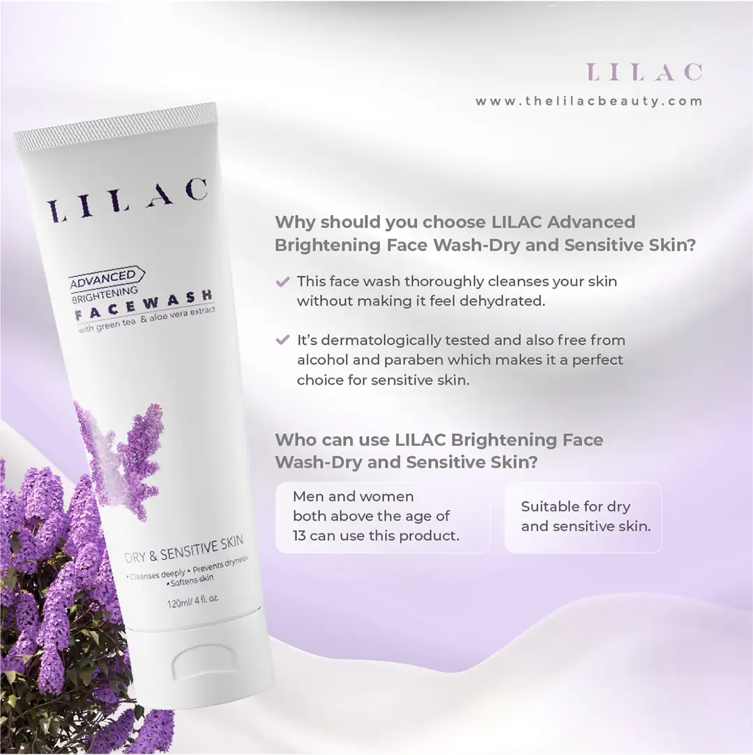 LILAC Advanced Brightening Face Wash tube, angled side view revealing product information. - thumbnail