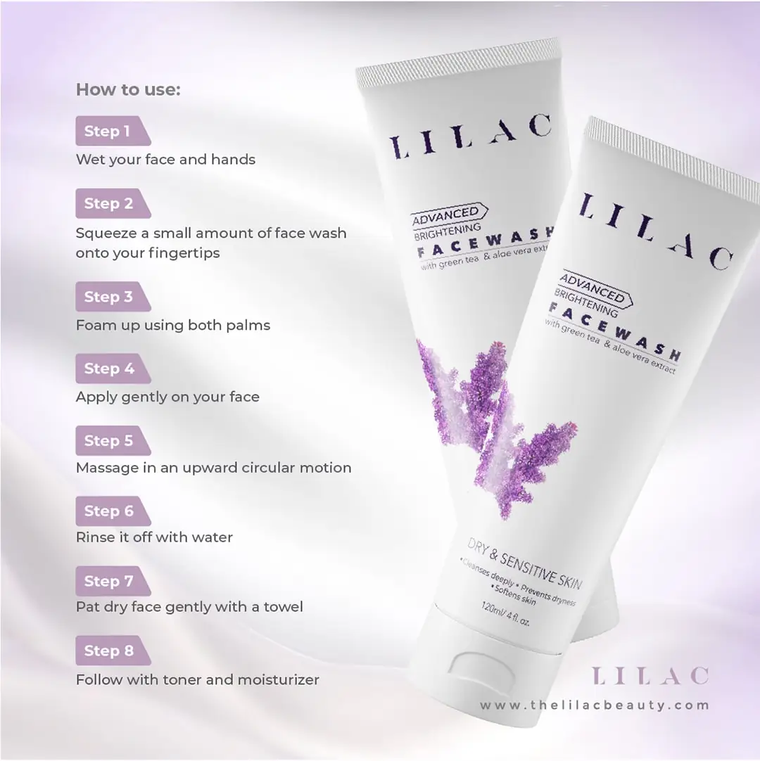 LILAC Advanced Brightening Face Wash tube's back, detailing full ingredients and directions for use. - thumbnail