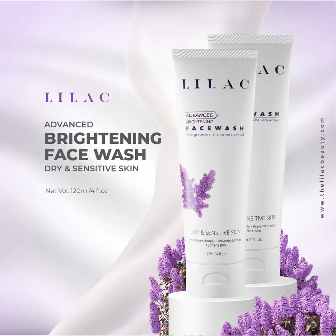 LILAC Advanced Brightening Face Wash 120ml tube resting horizontally, showcasing the cap and brand logo. - thumbnail