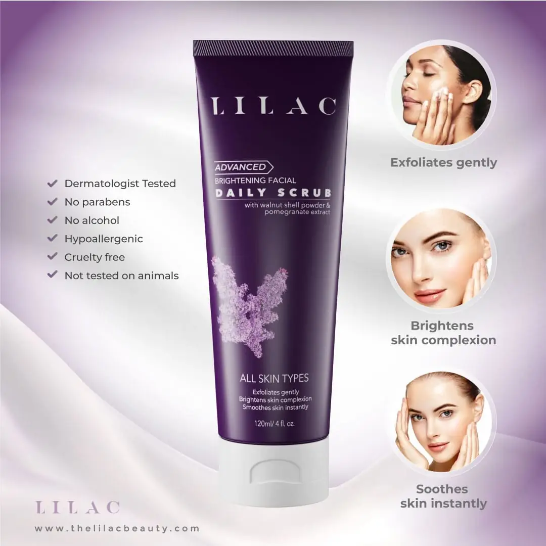 LILAC Brightening Daily Scrub showing white exfoliating texture swatched on finger with green leaf. - thumbnail
