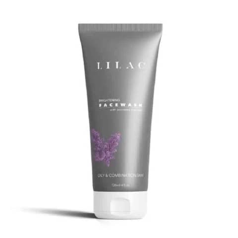 Lilac Brightening Face Wash in a white tube with a purple flip-top cap, 120ml, for oily skin.