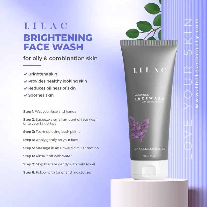 Back of the LILAC Brightening Face Wash tube, showing product details and usage instructions. - thumbnail