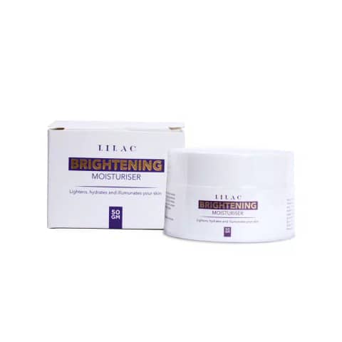 LILAC Brightening Moisturiser 50gm in its white jar with a distinctive purple cap.