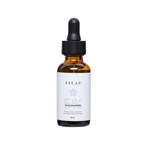 LILAC Niacinamide Serum 5% 30ml clear glass bottle with lilac label and white dropper.