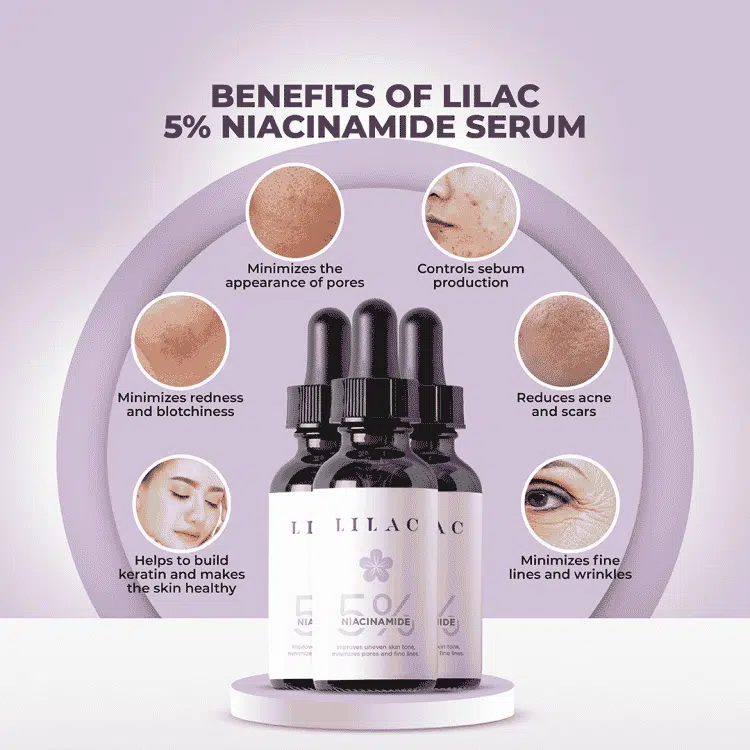 LILAC Niacinamide Serum 5% bottle with extended dropper, showing clear serum texture in bowl. - thumbnail