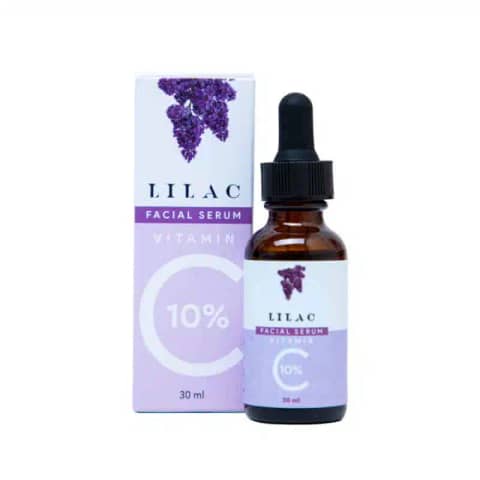 LILAC Vitamin C Serum 10% 30ml in an amber glass dropper bottle, front view.