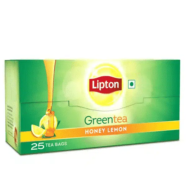 Vibrant Lipton Green Tea Honey & Lemon 25 Pieces box, featuring a teacup, lemon, and honey.