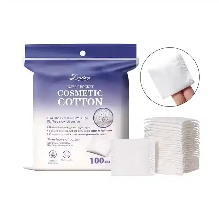 LMLTOP 100pcs cosmetic cotton pads in blue and white packaging, with soft pads displayed. - thumbnail