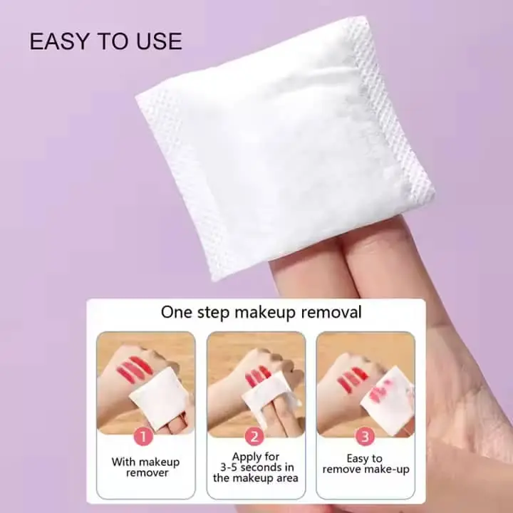 Two LMLTOP cosmetic cotton pads, flat and folded, next to the opened 100pcs daily use pack. - thumbnail