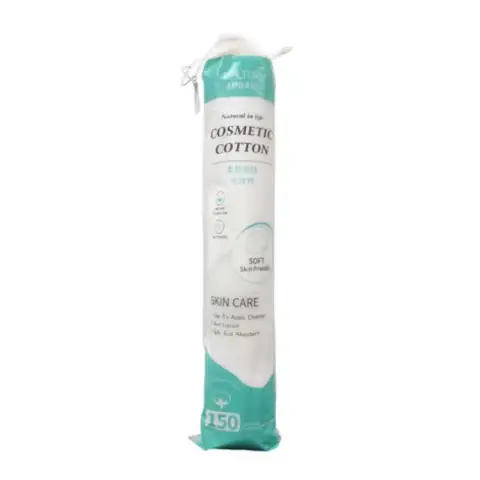 LMLTOP 150pcs cotton pads in clear packaging featuring sky blue branding. Soft and white.