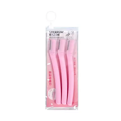 Three vibrant pink LMLTOP eyebrow razors, each with a clear protective blade cap, displayed fanned.