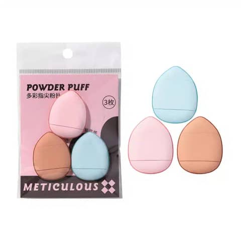 Three soft LMLTOP meticulous finger powder puffs, round with white ribbons, displayed neatly.