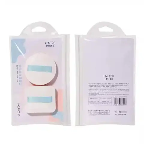 LMLTOP soft round powder puffs, two pieces, featuring elegant blue ribbon straps, stacked.