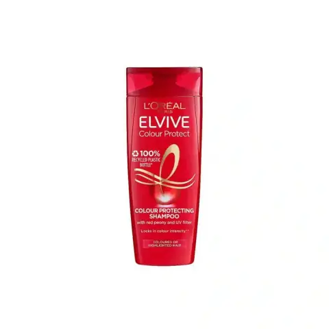 Vibrant red Loreal Elvive Colour Protect Caring Shampoo 400ml bottle, white cap, front view.