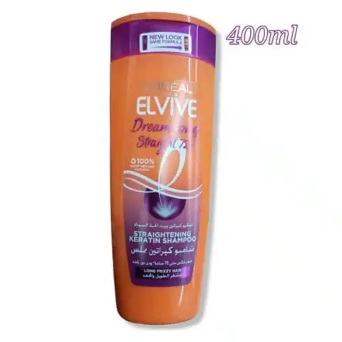Loreal Elvive Dreamlong Straight Keratin Shampoo 400ml purple bottle with gold cap, front view.