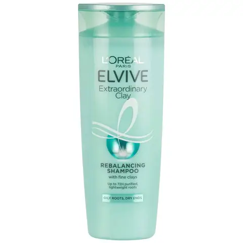 Loreal Elvive Extra Ordinary Clay Re-Balancing Shampoo, 400ml teal green bottle, front angled view.