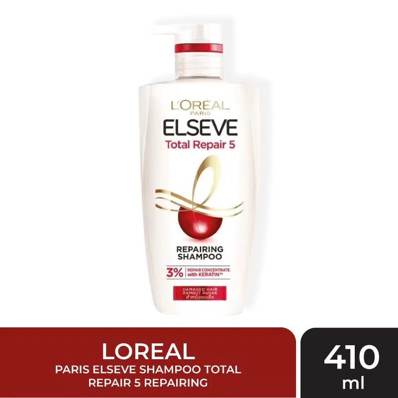 Loreal Elseve Total Repair 5 Repairing Shampoo 410ml, white bottle with red cap, front view.