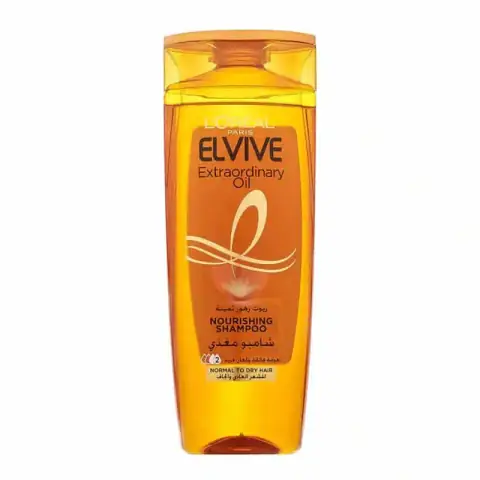 Loreal Paris Elvive Extraordinary Oil Nourishing Shampoo, 400ml, golden bottle with pump, front view on white.