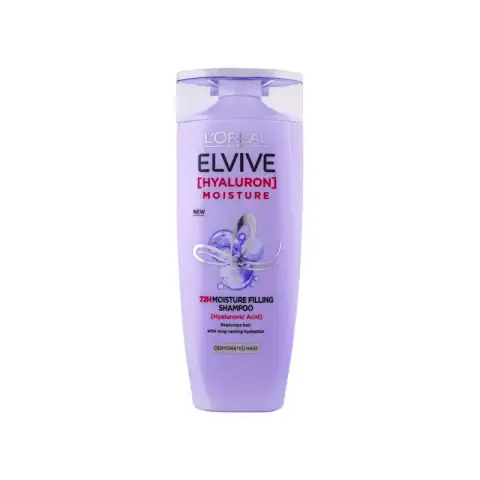 Loreal Paris Elvive Hyaluron Moisture Filling Shampoo 400ml bottle, vibrant blue-purple gradient, label clearly visible.