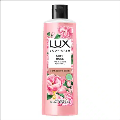Elegant Lux Soft Skin Body Wash, French Rose & Almond Oil, pink bottle, black pump.