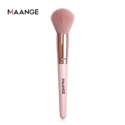 Maange powder brush standing upright with soft pink bristles and shiny rose gold handle.