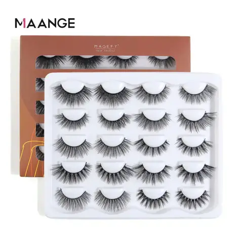 Maange 10 pairs of 3D mink natural eyelashes in a white branded box on pink.